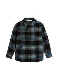 Zwart en teal geruite flanellen shirt gemaakt van zachte stof, met een kraag, lange mouwen en een knoopsluiting aan de voorkant met zwarte knopen.
