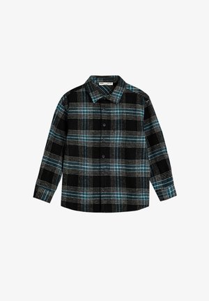 Chemise en flanelle à carreaux noir et turquoise, fabriquée en tissu doux, avec un col, des manches longues et un devant à boutons noirs.