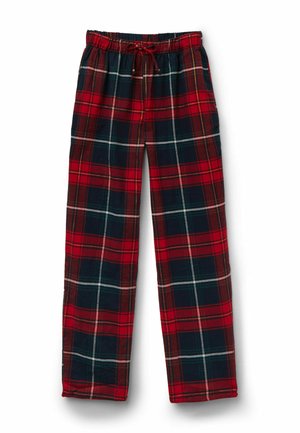 Pantalon de pyjama à carreaux rouges et noirs avec une ceinture élastique et un cordon de serrage, présentant des accents blancs et verts dans le motif.