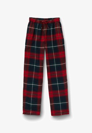 Pantalon de pyjama à carreaux rouges et noirs avec une ceinture élastique et un cordon de serrage, présentant des accents blancs et verts dans le motif.