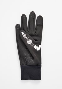 Guantes negros con un patrón texturizado hexagonal, con detalles en blanco y un diseño aerodinámico. Fabricados con un material elástico y duradero.