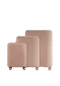 Drei pinke Hartschalenkoffer mit diagonal geripptem Muster, das eine glatte Oberfläche hat, und jeweils vier Rädern für Mobilität.