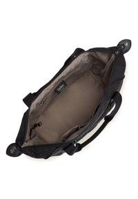 Black Kipling handbag with a textured exterior, zip closure, dual handles, and a spacious beige interior featuring pockets and a logo tag.