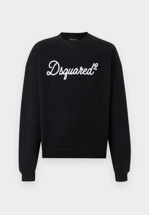 Hanorac negru cu mânecă lungă, cu logo-ul „Dsquared²” alb scris cu litere cursive în centrul pieptului, prevăzut cu manșete și tiv ribbed.