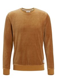 Sudadera de terciopelo marrón con cuello redondo, mangas largas y puños de canalé. Presenta un branding mínimo en el interior del cuello. Textura suave.