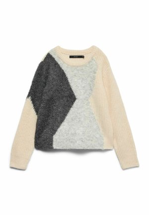 Pulover z barvnim blokovskim dizajnom v svetlo bež, sivi in temno sivi barvi. Izdelan iz mehke, teksturirane pletene tkanine z rebrastimi robovi.