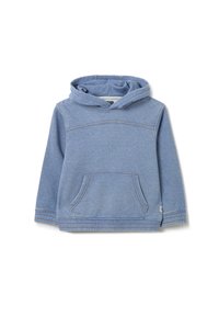 Sudadera con capucha azul hecha de una suave tela tipo mezclilla. Cuenta con un bolsillo frontal, costuras cosidas y un corte relajado con una capucha cómoda.