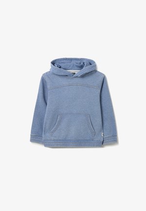 Blaues Kapuzensweatshirt aus weichem, denimähnlichem Stoff. Mit einer Fronttasche, gesteppten Nähten und einer lässigen Passform mit einer gemütlichen Kapuze.