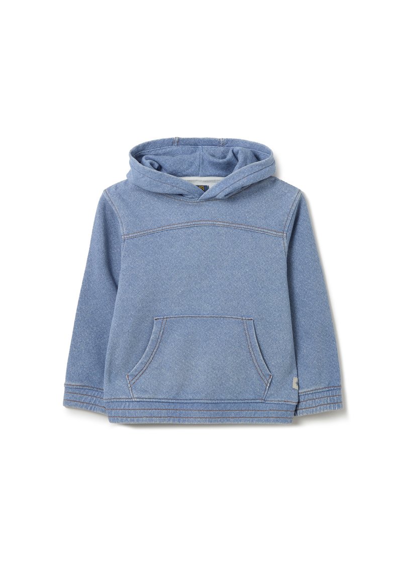 Sudadera con capucha azul hecha de una suave tela tipo mezclilla. Cuenta con un bolsillo frontal, costuras cosidas y un corte relajado con una capucha cómoda.