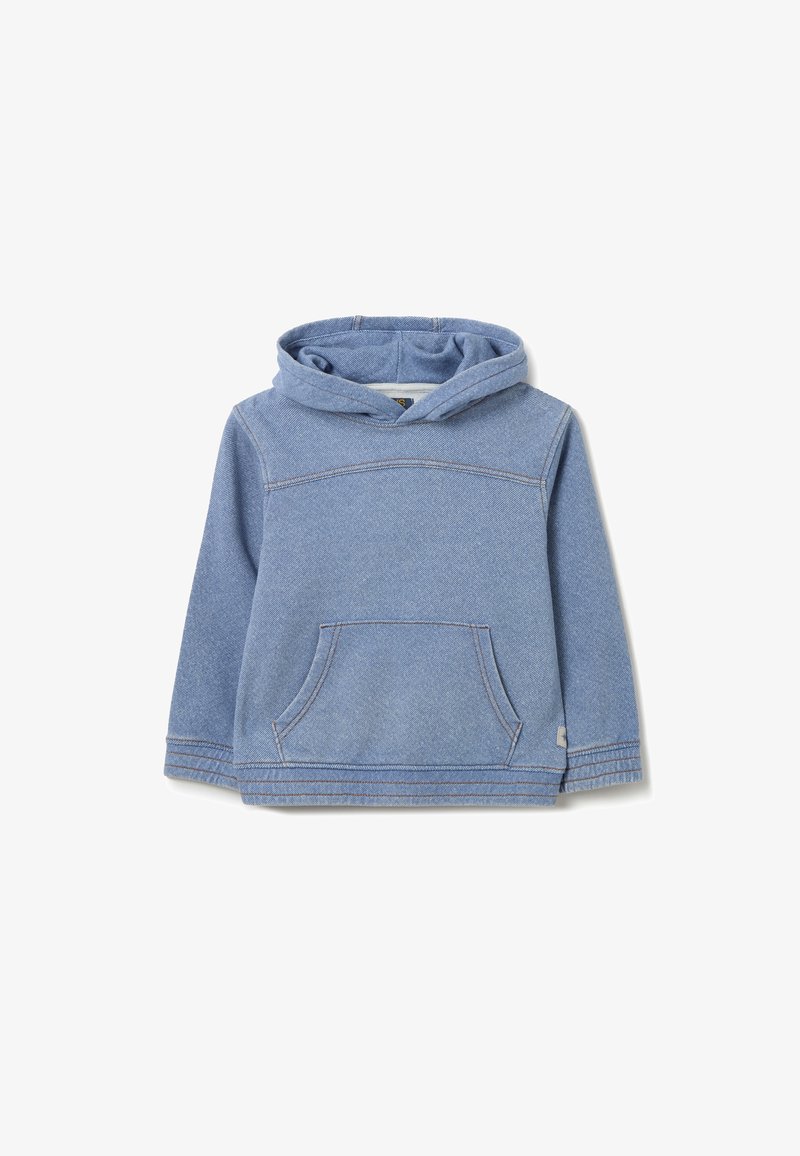 Sudadera con capucha azul hecha de una suave tela tipo mezclilla. Cuenta con un bolsillo frontal, costuras cosidas y un corte relajado con una capucha cómoda.