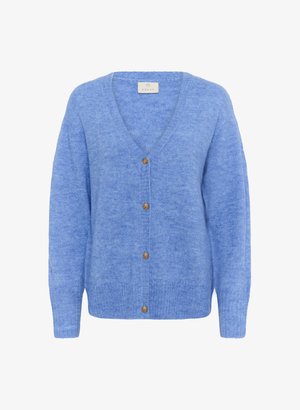 Light blue knitted cardigan with a v-neck, long sleeves, and five brown buttons along the front. Soft texture and relaxed fit.