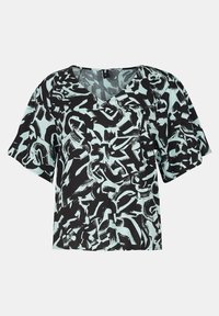 Top a maniche corte con scollo a V, realizzato in un tessuto con un motivo astratto nero e menta, texture morbida e fit rilassato.