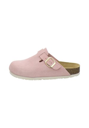 Pink suede slip-on clog with adjustable gold buckle, cork footbed, and white rubber sole, shown from the side on a white background.