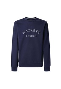 Marineblå sweatshirt med rund halsudskæring, lange ærmer og tekstureret stof. Har hvid "HACKETT LONDON" tekst trykt på tværs af brystet.