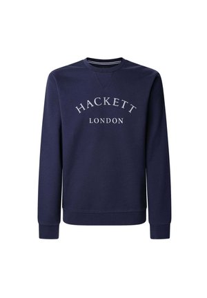 Mörkblå sweatshirts med rund halsringning, långa ärmar och textilstrukturerad yta. Har vit "HACKETT LONDON" text tryckt över bröstet.