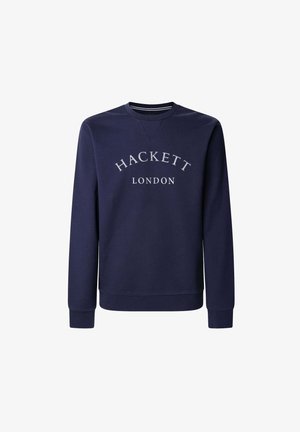 Tamno plavi dukserica s okruglim izrezom, dugim rukavima i teksturiranim materijalom. Sadrži bijeli natpis "HACKETT LONDON" otisnut na prsima.