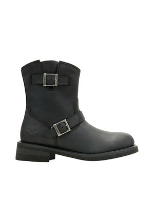 Black leather ankle boot with two silver buckle straps and a skull logo embossed near the heel on the outer side.