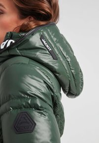 Chaqueta acolchada verde con un acabado brillante, que presenta un parche negro con el logo en el hombro y una capucha con cremallera para mayor calidez.