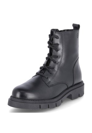 Black leather ankle boot with laces, round toe, thick rubber sole featuring ridged pattern, and a pull tab at the back for easy wear.