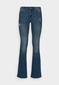 Blue denim flared jeans with slight distressing on thighs, front button closure, and classic five-pocket design.