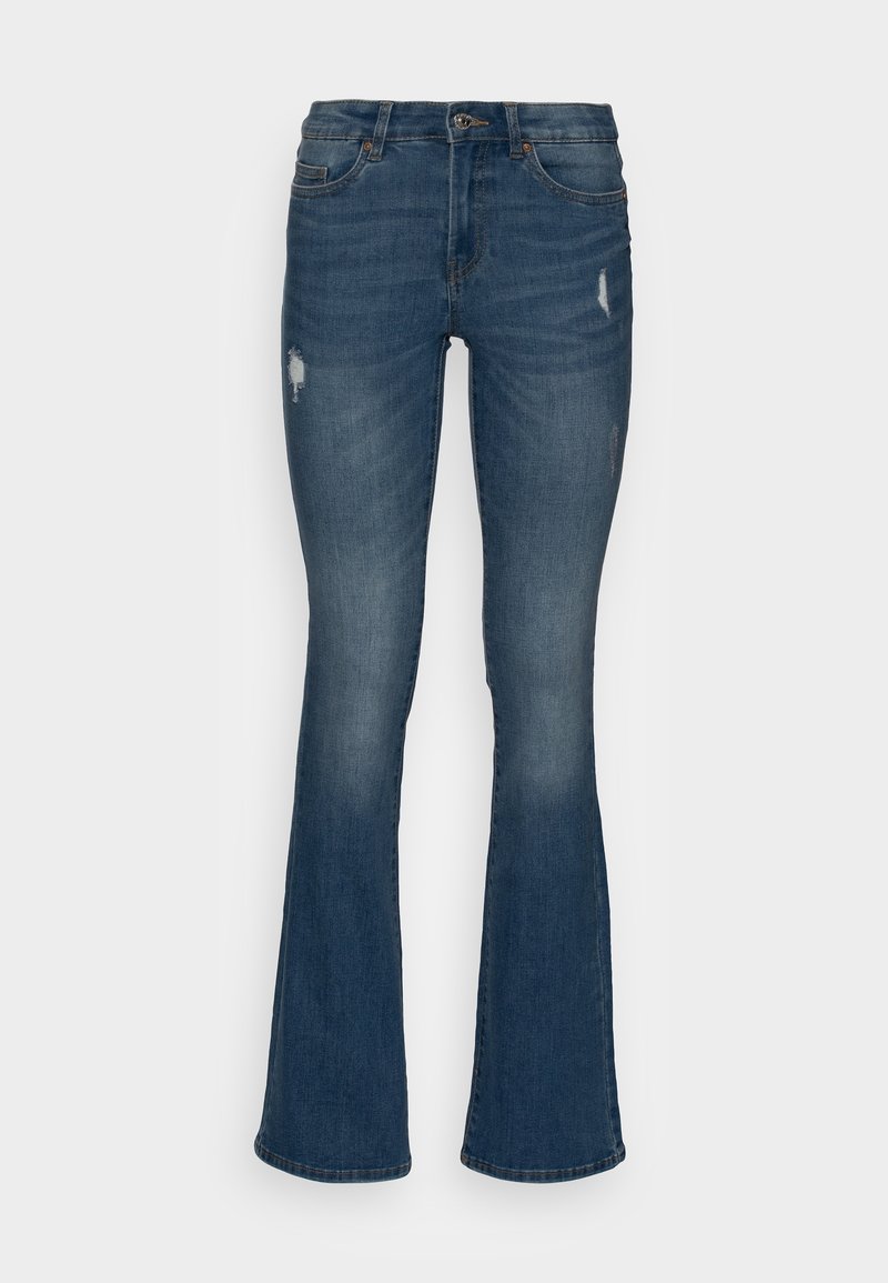 Blue denim flared jeans with slight distressing on thighs, front button closure, and classic five-pocket design.