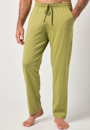 Luźne spodnie do piżamy w kolorze oliwkowej zieleni, z elastycznym pasem i troczkiem oraz bocznymi kieszeniami. Miękki, gładki materiał, lekki.