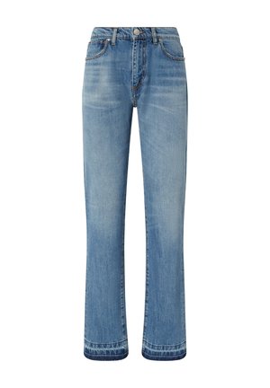 Jeans azzurri chiari con un taglio dritto, caratterizzati da un classico design a cinque tasche e cuciture a contrasto. Il tessuto ha una consistenza morbida e vissuta.