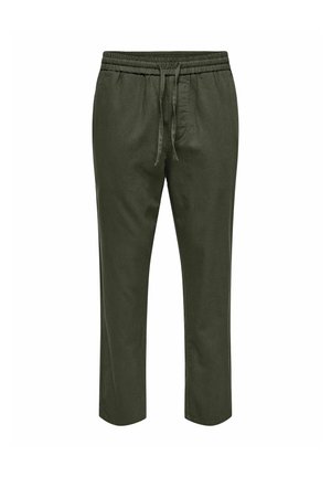 Pantalon de jogging léger vert olive avec taille élastique et cordon de serrage, présentant une coupe droite et une texture lisse.