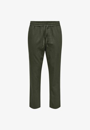 Olive green, lightweight jogger pants with an elastic waistband and drawstring, featuring straight leg cut and smooth texture.