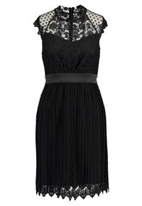 Robe noire avec un haut en dentelle, col rond et design sans manches. Présente une texture plissée et une ceinture unie. Ourlet en dentelle festonné.