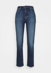 Dark blue high-waisted jeans, straight leg design, denim fabric with subtle whiskering details, and hemmed bottoms.