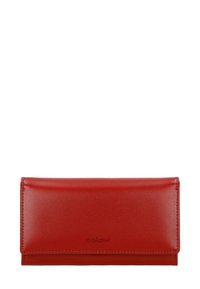 Portafoglio in pelle rossa con una texture liscia, forma rettangolare e design pieghevole. Presenta il logo impresso sul davanti. Dimensioni compatte.