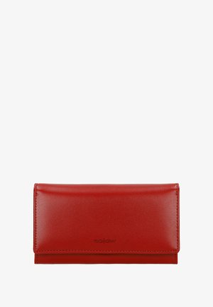 Rode leren portemonnee met een gladde textuur, rechthoekige vorm en opgevouwen ontwerp. Voorzien van een reliëflogo aan de voorkant. Compact formaat.