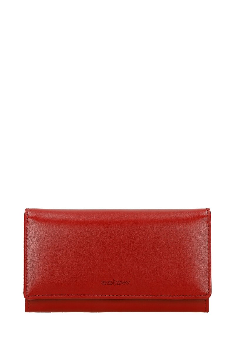 Portafoglio in pelle rossa con una texture liscia, forma rettangolare e design pieghevole. Presenta il logo impresso sul davanti. Dimensioni compatte.
