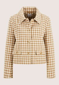 Beige en witte pied-de-poule patroon button-up jas met kraag en twee voorste klepzakken, cropped fit.