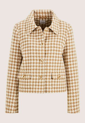 Beige und weiße Hahnentritt-musterte Knopfjacket mit Kragen und zwei vorderen Klappentaschen, kurzes Design.