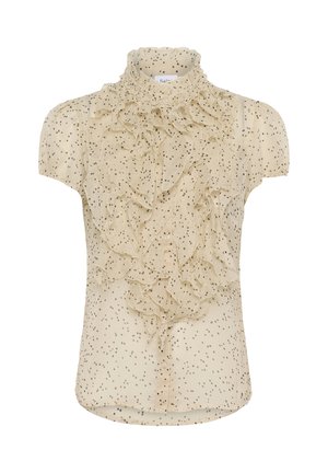 Blouse beige avec volants à étages et col montant, ornée de petits pois noirs. Manches courtes et fermeture à boutons à l'avant.