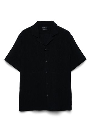 Schwarzes kurzärmliges Hemd mit Kamp-Kragen, dezent texturiertem Stoff und durchgehender Knopfleiste mit fünf Knöpfen.