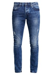 Blue denim jeans with a slim fit, featuring a faded wash, light distressing, and a classic five-pocket design with a button closure.