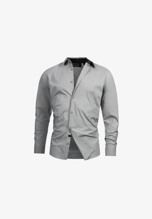 Hellgraues Hemd mit Kragen, langen Ärmeln und einem glatten, strukturierten Stoff. Es verfügt über eine vordere Leiste und ein dezentes Markenetikett.