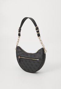 Black faux leather handbag with a crescent shape. Features a zippered pocket, gold-tone hardware, and a removable chain strap.