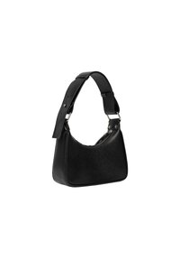 Borsa a spalla nera con un design strutturato, realizzata in materiale sintetico testurizzato. Presenta una cintura larga e dettagli in metallo argentato.