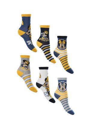 Six colorful ankle socks with Minnie Mouse faces, stripes, and "Miss Sailor" text in yellow, navy, gray, white, and black tones.