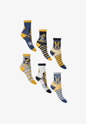 Sechs bunte Knöchelsocken mit Minnie-Maus-Gesichtern, Streifen und dem Schriftzug „Miss Sailor“ in Gelb-, Navy-, Grau-, Weiß- und Schwarztönen.