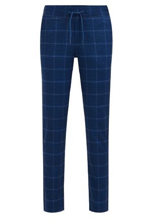 Diepblauwe slim-fit broek met subtiel ruitpatroon en verstelbare tailleband met trekkoord.