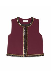 Veste bordeaux sans manches avec un col rond, ornée de perles noires et métalliques le long du devant et de l'ourlet.