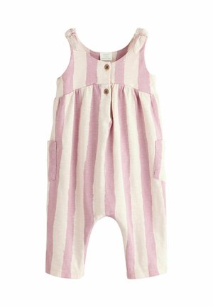 Letvægts bomulds baby romper med pink og creme striber, knaplukning foran og lommer. Designet med justerbare skulderbånd og afslappet pasform.