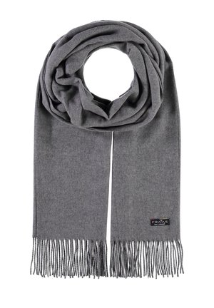 Harmaa neulottu huivi, jossa on silmukkamuotoilu, teksturoitu kangas ja fringed-päät. Brändin etiketti ommeltu yhdelle puolelle.