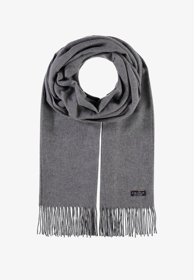 Grå strikket tørklæde med en løbende design, der har tekstureret stof og frynset ender. Mærkebeskyttelse syet på den ene side.