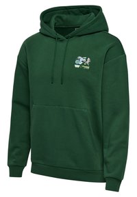 Sudadera verde de algodón con un bolsillo canguro, que presenta un diseño gráfico de personajes de dibujos animados y el texto "¡JUGUEMOS!" en la parte delantera.